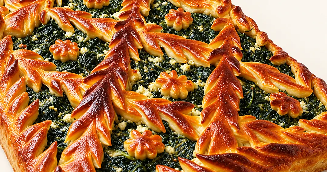 Une tourte aux épinards et à la feta, son treillis de pâte doré
